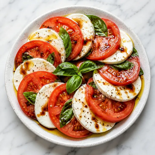 Sałatka caprese z pomidorami, mozzarellą, bazylią i balsamico na białym talerzu