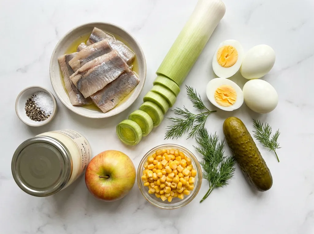 Raw ingredients for Polish herring salad including herring, leek, eggs and dill