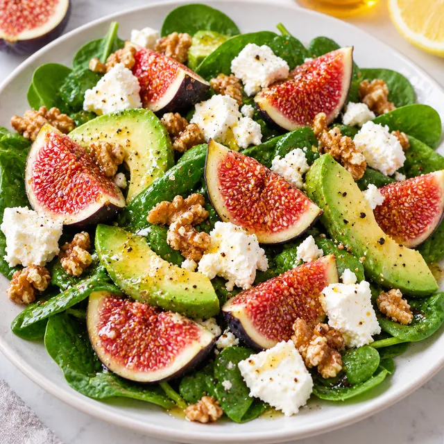 Sałatka z figami, awokado, twarogiem i orzechami na jasnym talerzu