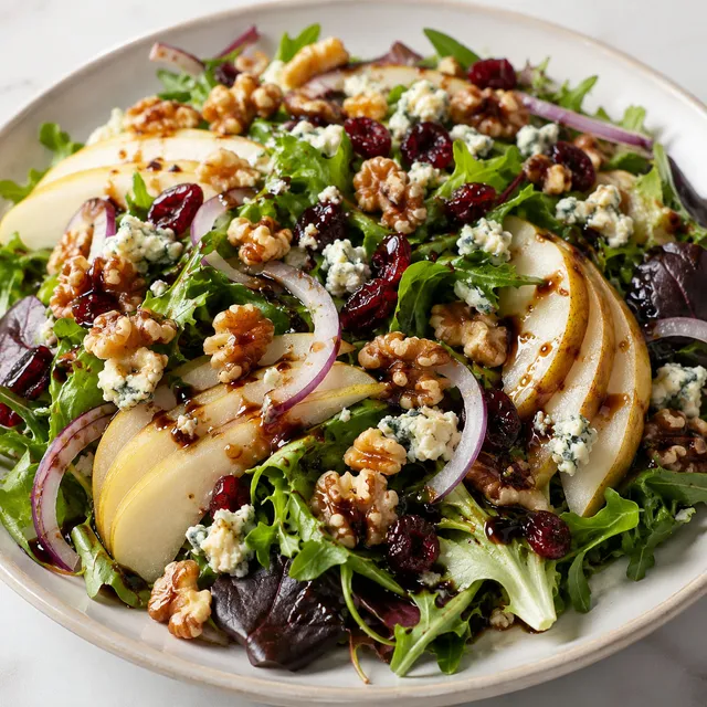Elegant salad with pear slices, blue cheese, walnuts and red onion on a white plate