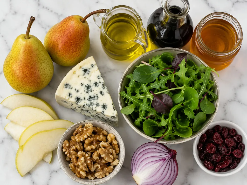 Raw pears, blue cheese, walnuts, greens and balsamic dressing ingredients on a wooden table