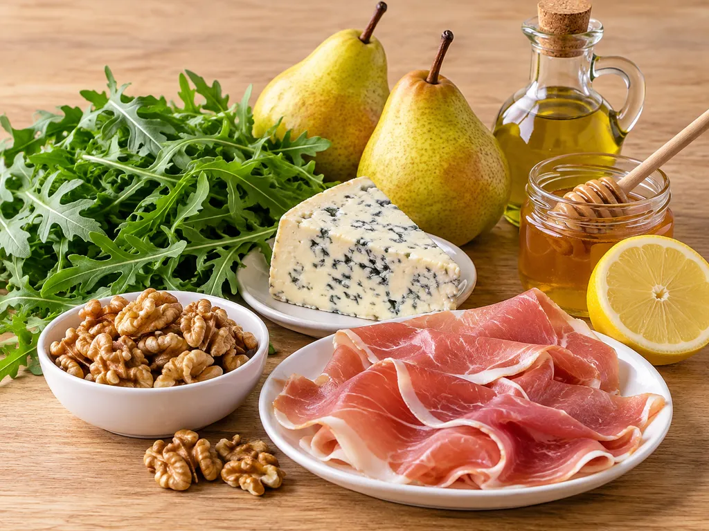Surowe składniki na sałatkę z gruszką, serem pleśniowym i prosciutto na blacie