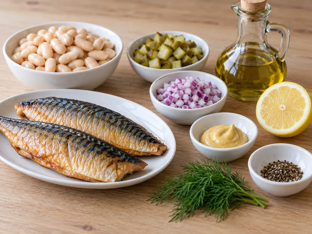 Składniki na sałatkę z makreli i fasoli: makrela, fasola, ogórki, cebula i koperek