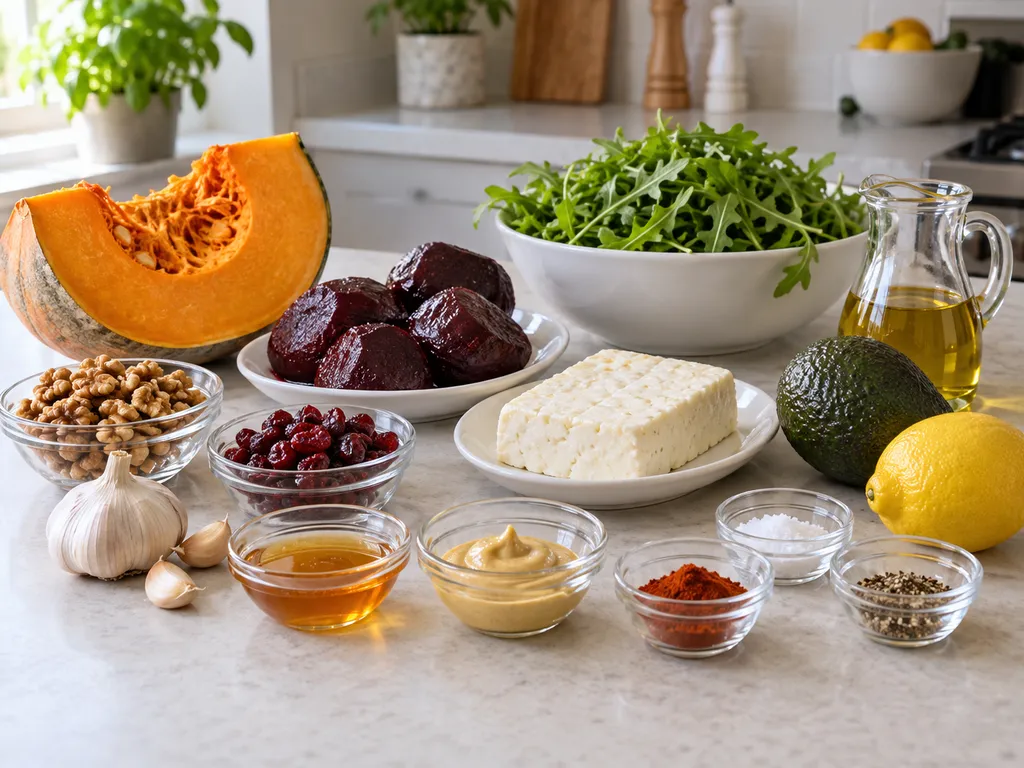 Składniki na sałatkę z dynią, halloumi, burakiem i rukolą