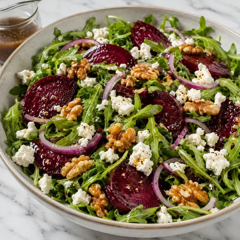 Salad with arugula, roasted beets, feta and walnuts drizzled with balsamic dressing