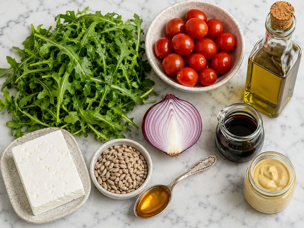 Fresh arugula, cherry tomatoes, feta, red onion and vinaigrette ingredients on a wooden board