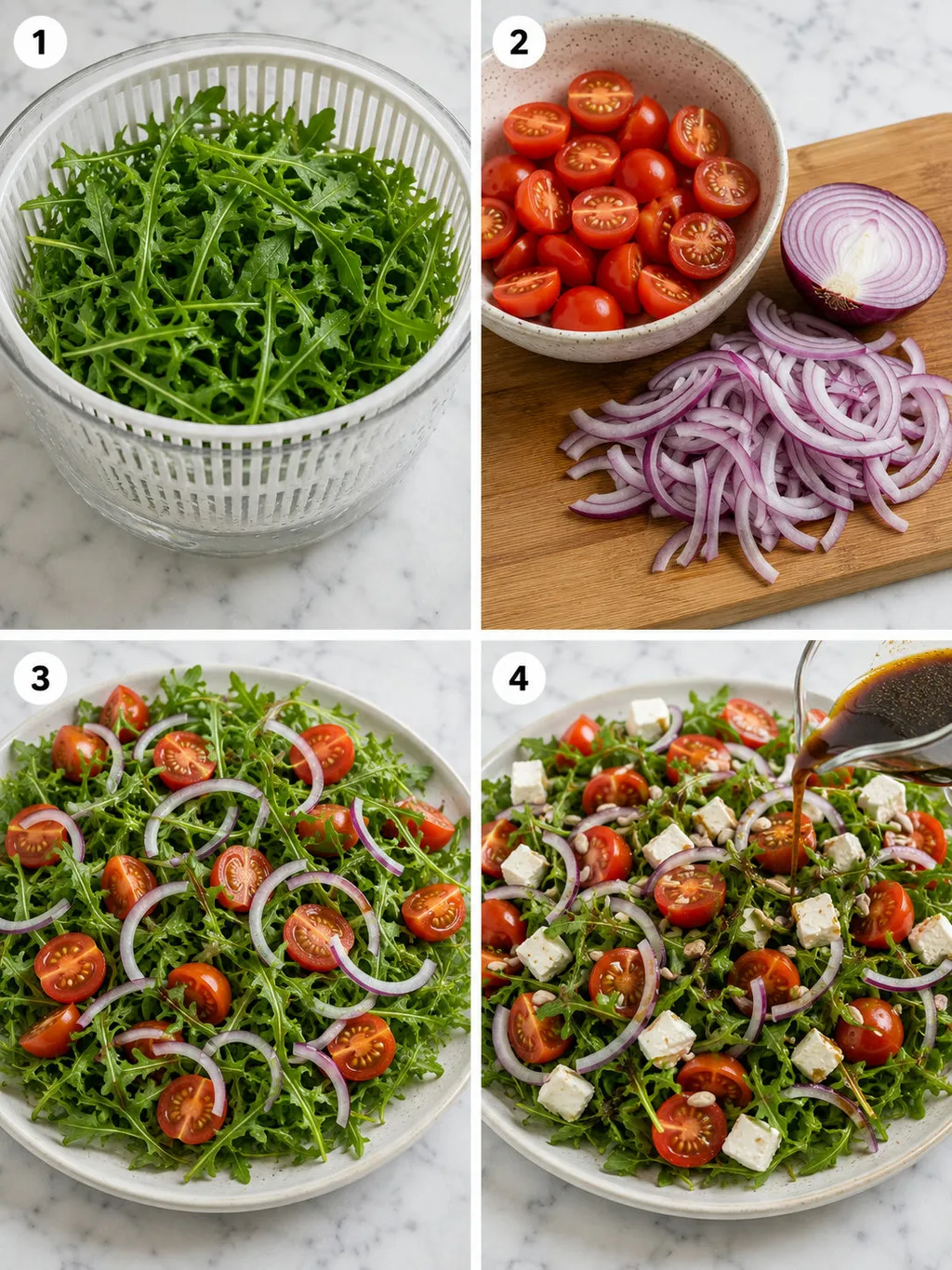 Drizzling balsamic honey vinaigrette over arugula salad with tomatoes and feta