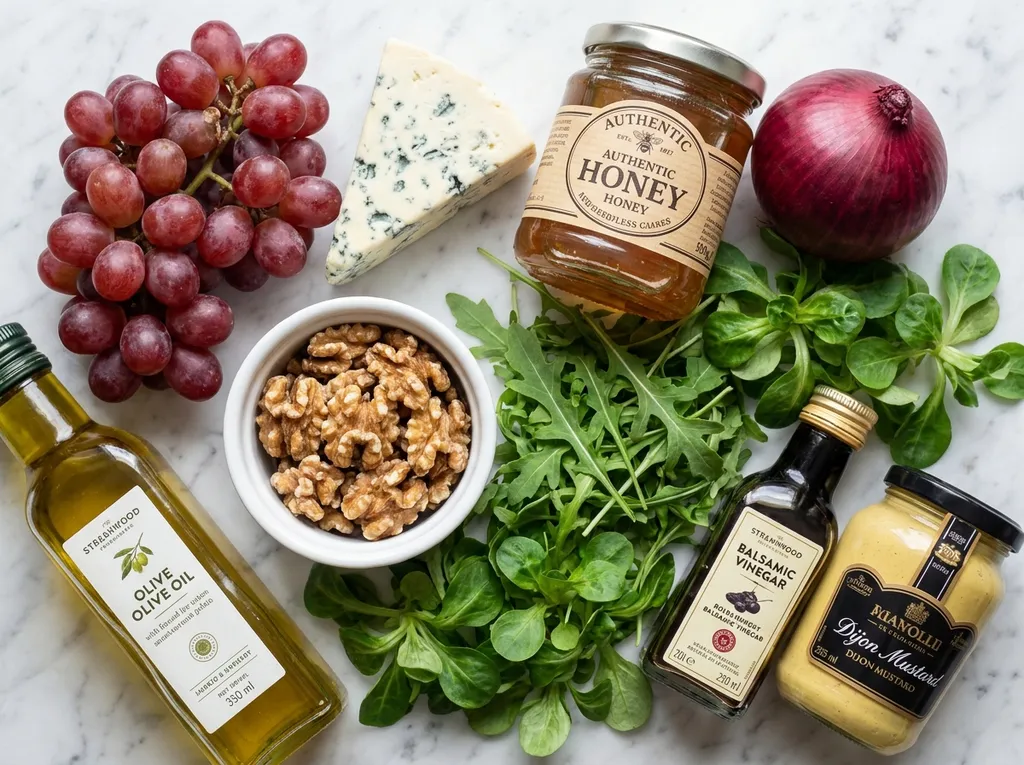 Raw ingredients for a blue cheese and grape salad on a wooden board