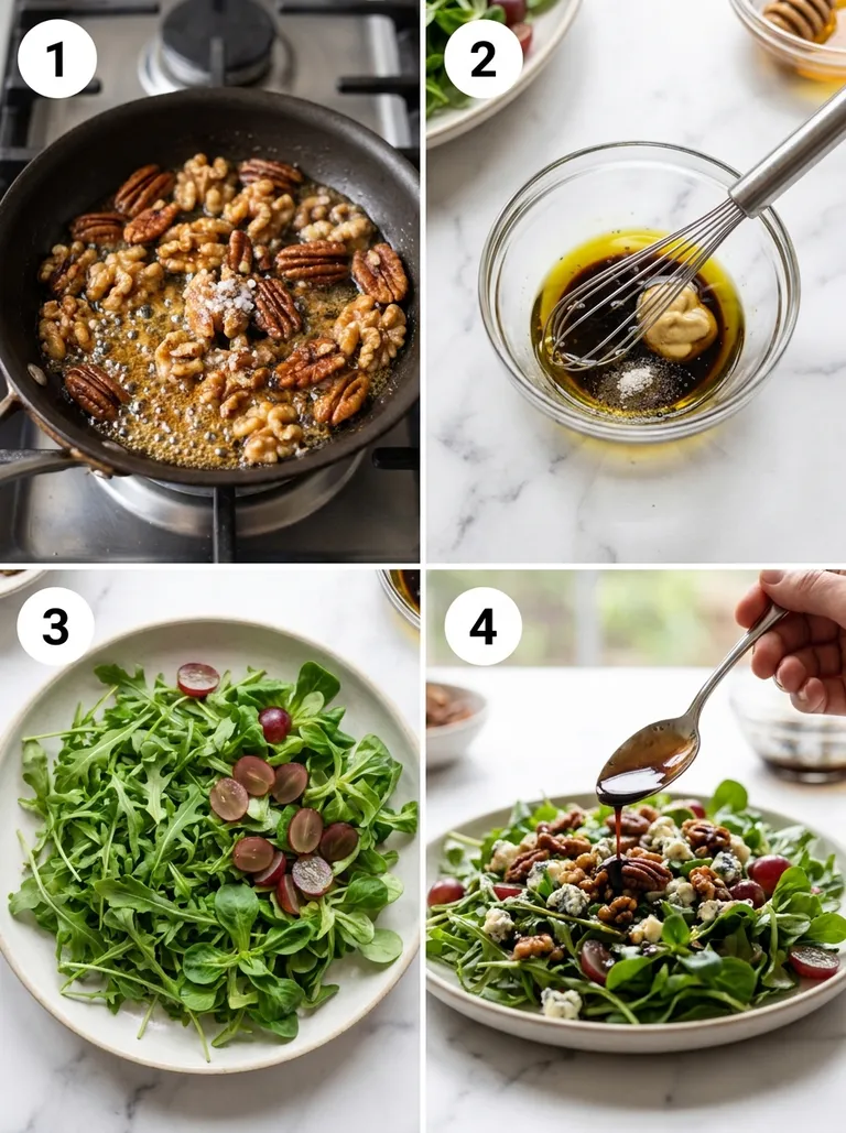 Four steps of making a blue cheese and grape salad from walnuts to plating
