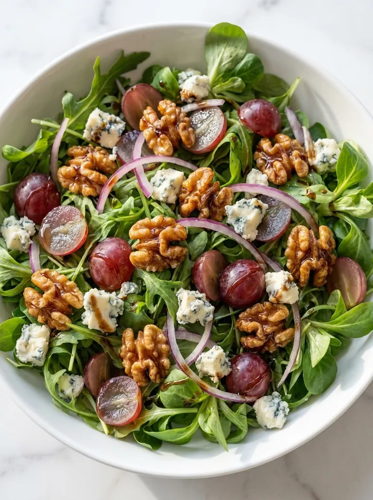 Top-down view of a blue cheese and grape salad with walnuts and balsamic dressing