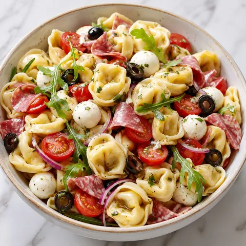 Tortellini salad with cherry tomatoes, mozzarella, salami and olives in a bowl