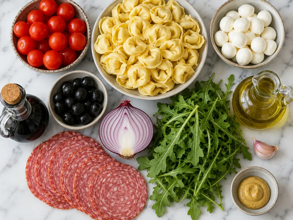 Raw ingredients for tortellini salad including tomatoes, mozzarella, salami and olives