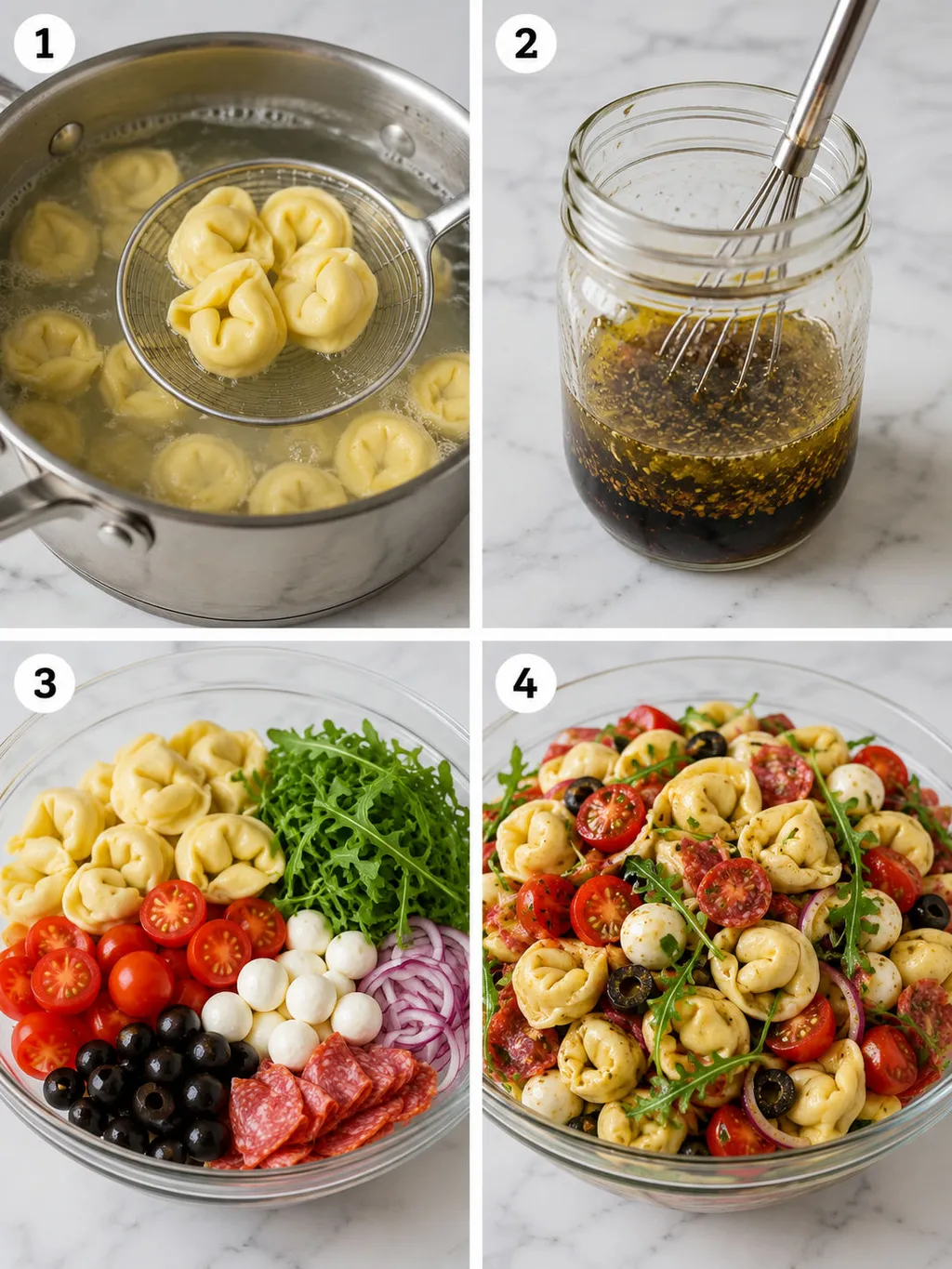 Four steps of making tortellini salad from boiling pasta to tossing with dressing