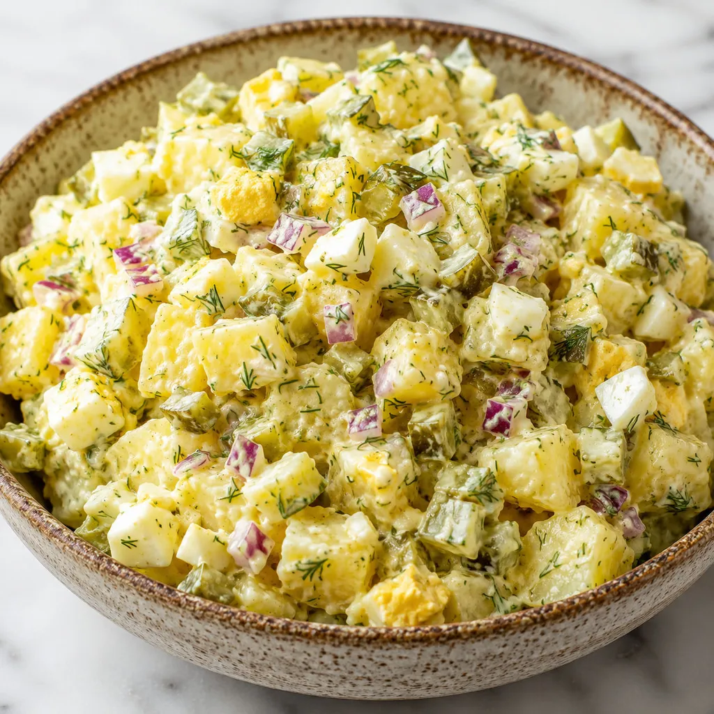 Creamy Polish potato salad with dill pickles, egg, and fresh dill in a ceramic bowl