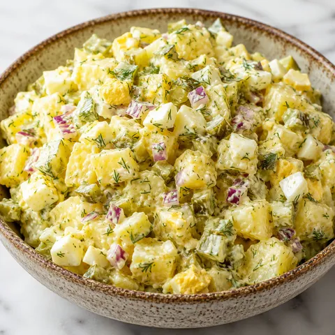 Creamy Polish potato salad with dill pickles, egg, and fresh dill in a ceramic bowl