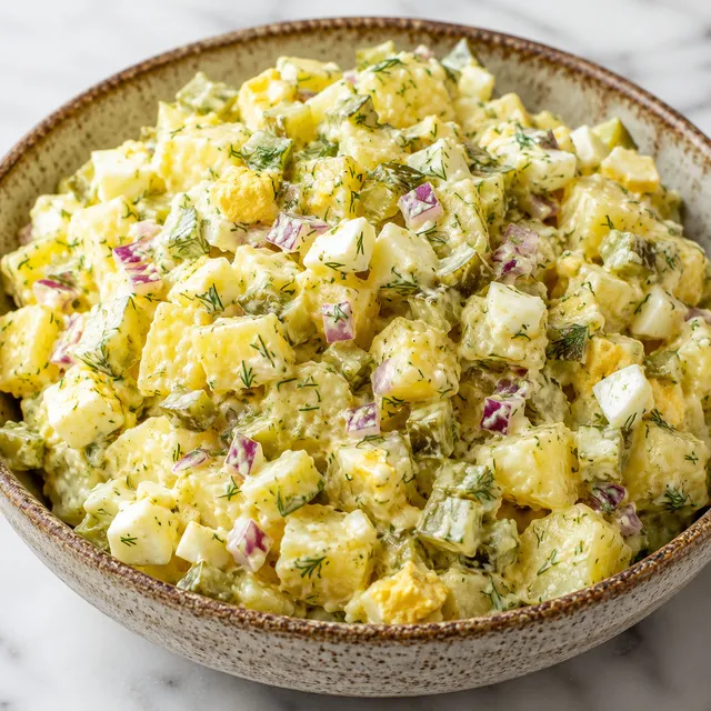 Creamy Polish potato salad with dill pickles, egg, and fresh dill in a ceramic bowl