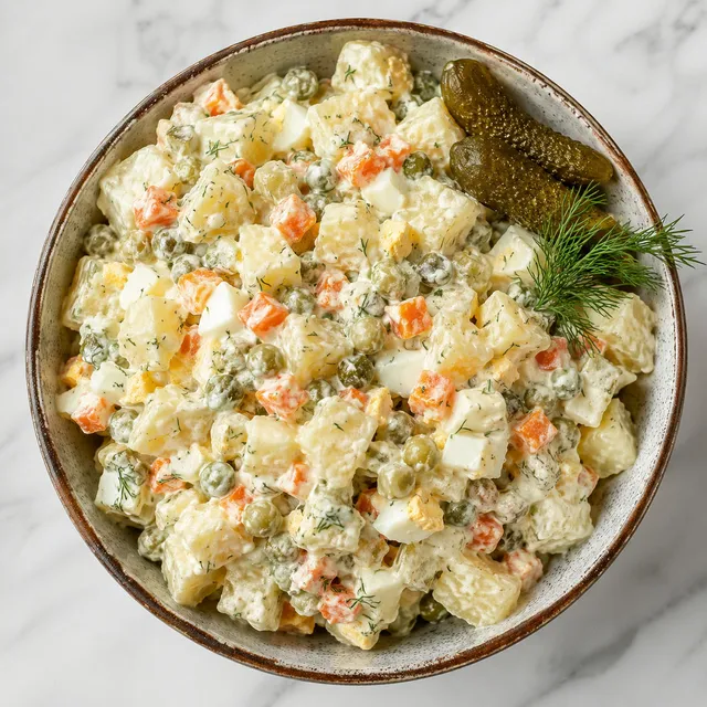 Creamy Polish potato salad with carrots, pickles, egg and dill in a ceramic bowl