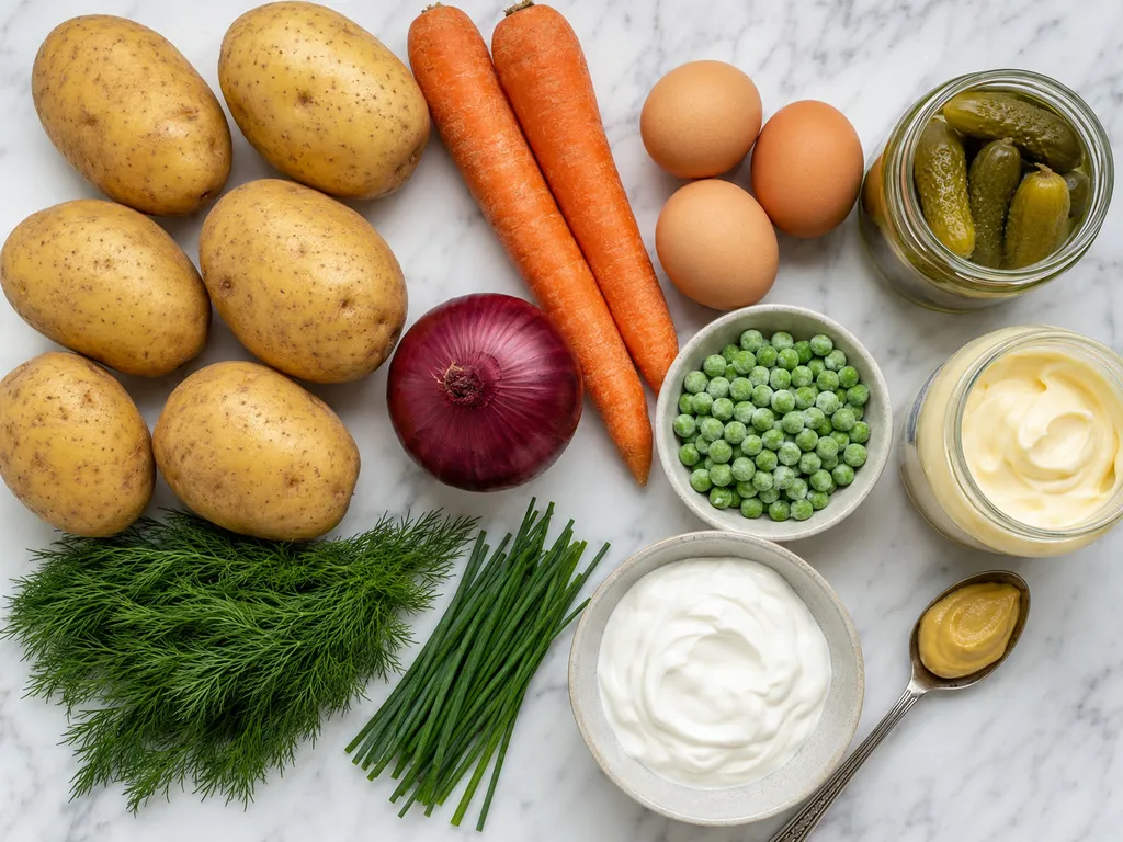 Raw ingredients for Polish potato salad including potatoes, carrots, eggs and pickles