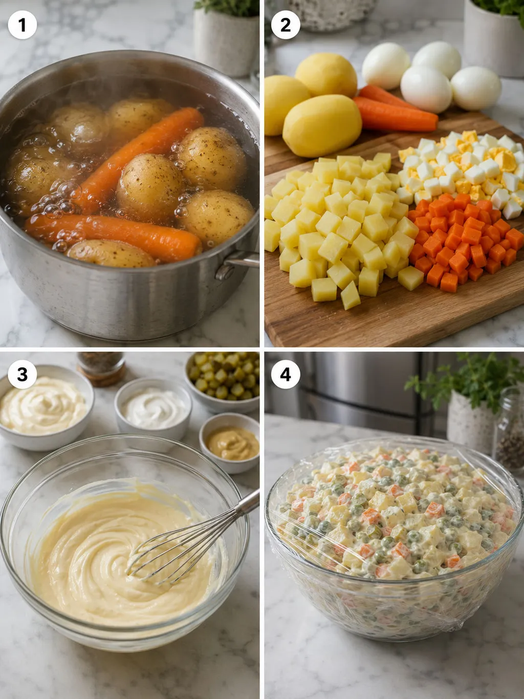 Four steps of making Polish potato salad from boiling to mixing the dressing