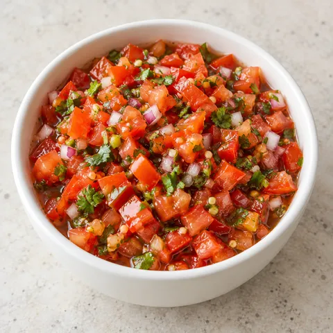 Kawałkowa salsa pomidorowa z cebulą i kolendrą w białej misce