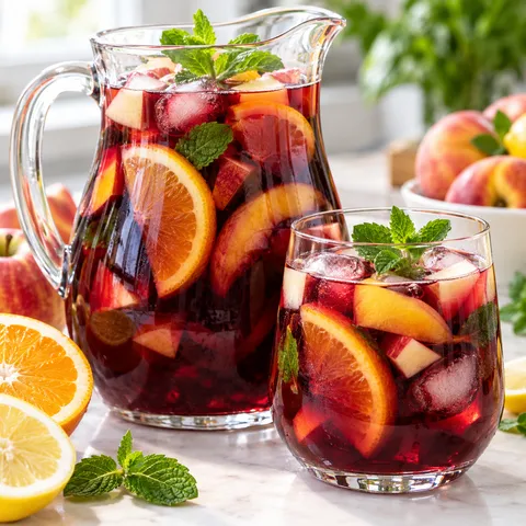 Dzbanek bezalkoholowej sangrii z cytrusami, jabłkiem, brzoskwinią i lodem