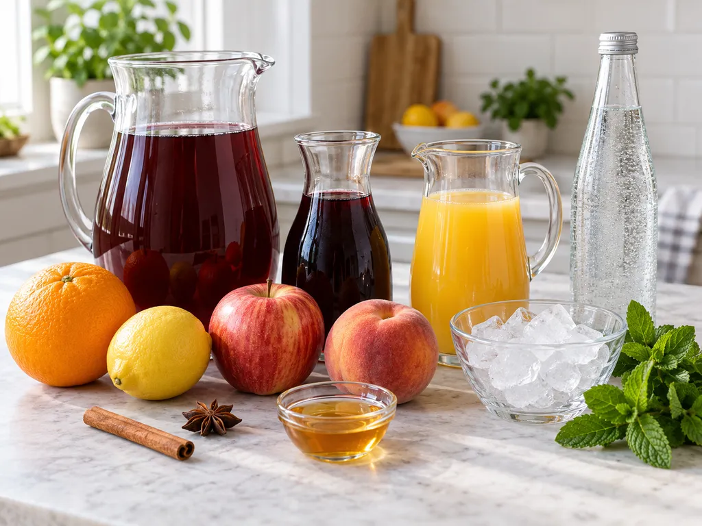 Składniki na bezalkoholową sangrię z owocami, sokiem i przyprawami