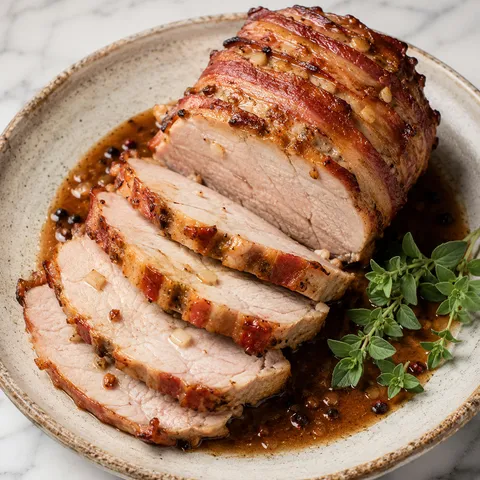 Sliced Polish roast pork loin with garlic and pan gravy on a platter