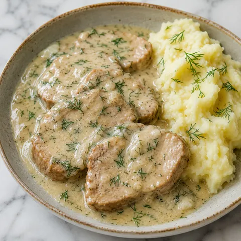 Braised pork loin in creamy sauce with dill, served with mashed potatoes