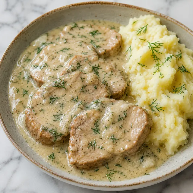 Braised pork loin in creamy sauce with dill, served with mashed potatoes