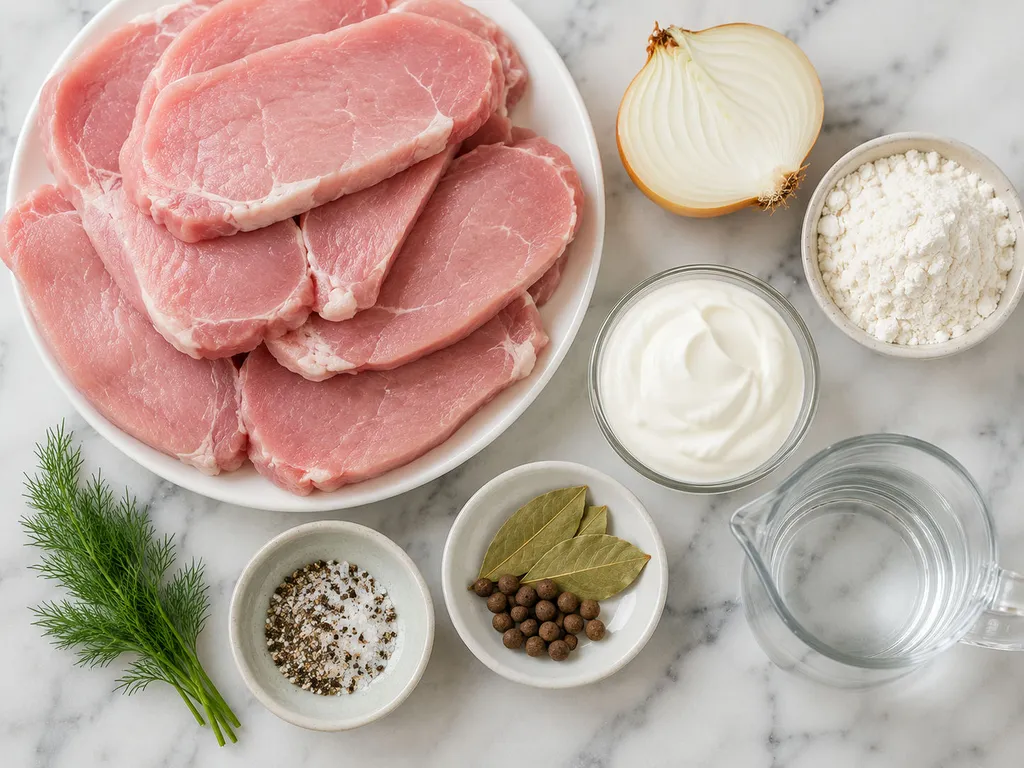 Raw pork loin, onion, sour cream and dill for braised pork in own sauce