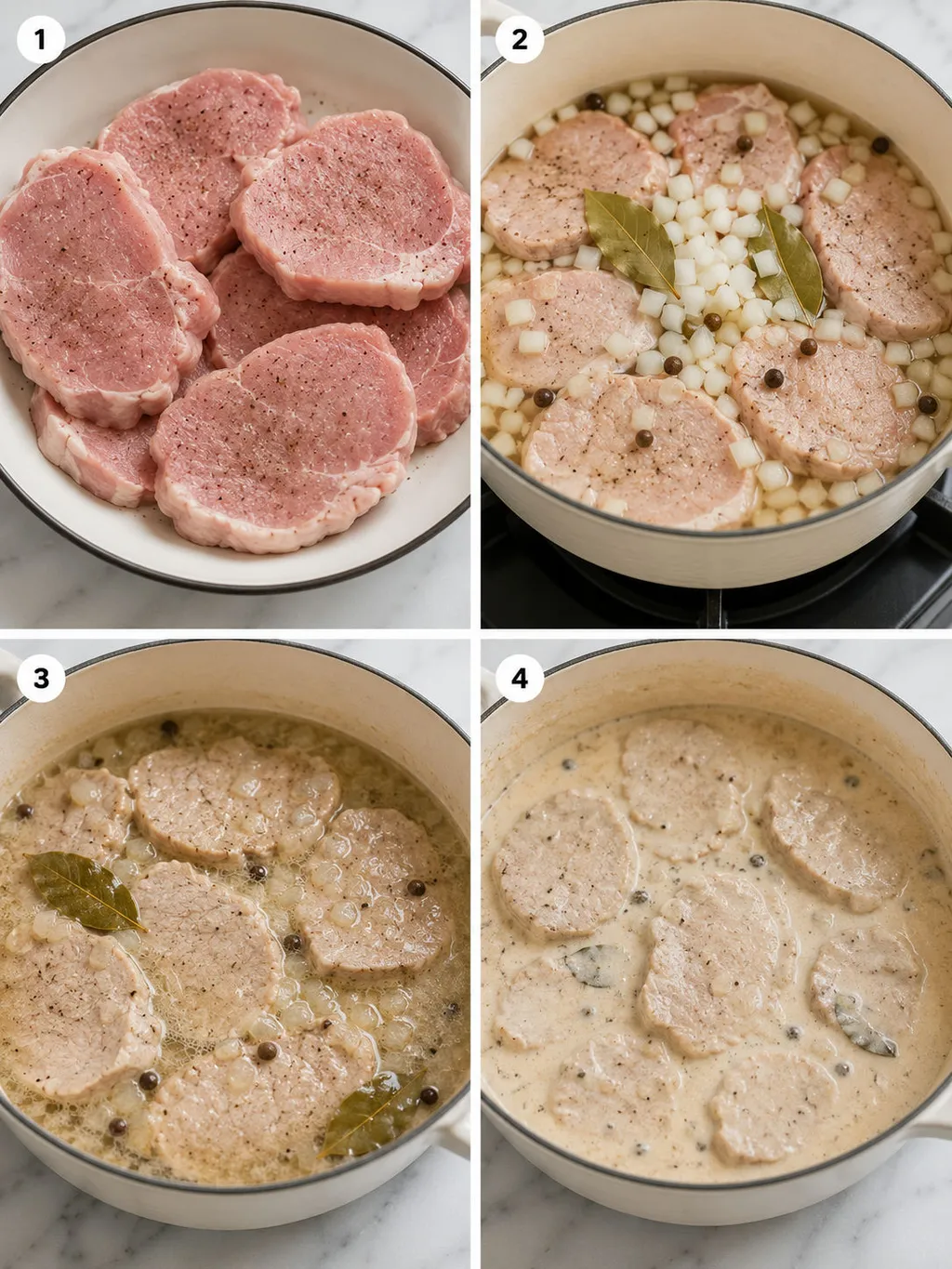 Four steps of braising pork loin in creamy own-juices sauce with dill