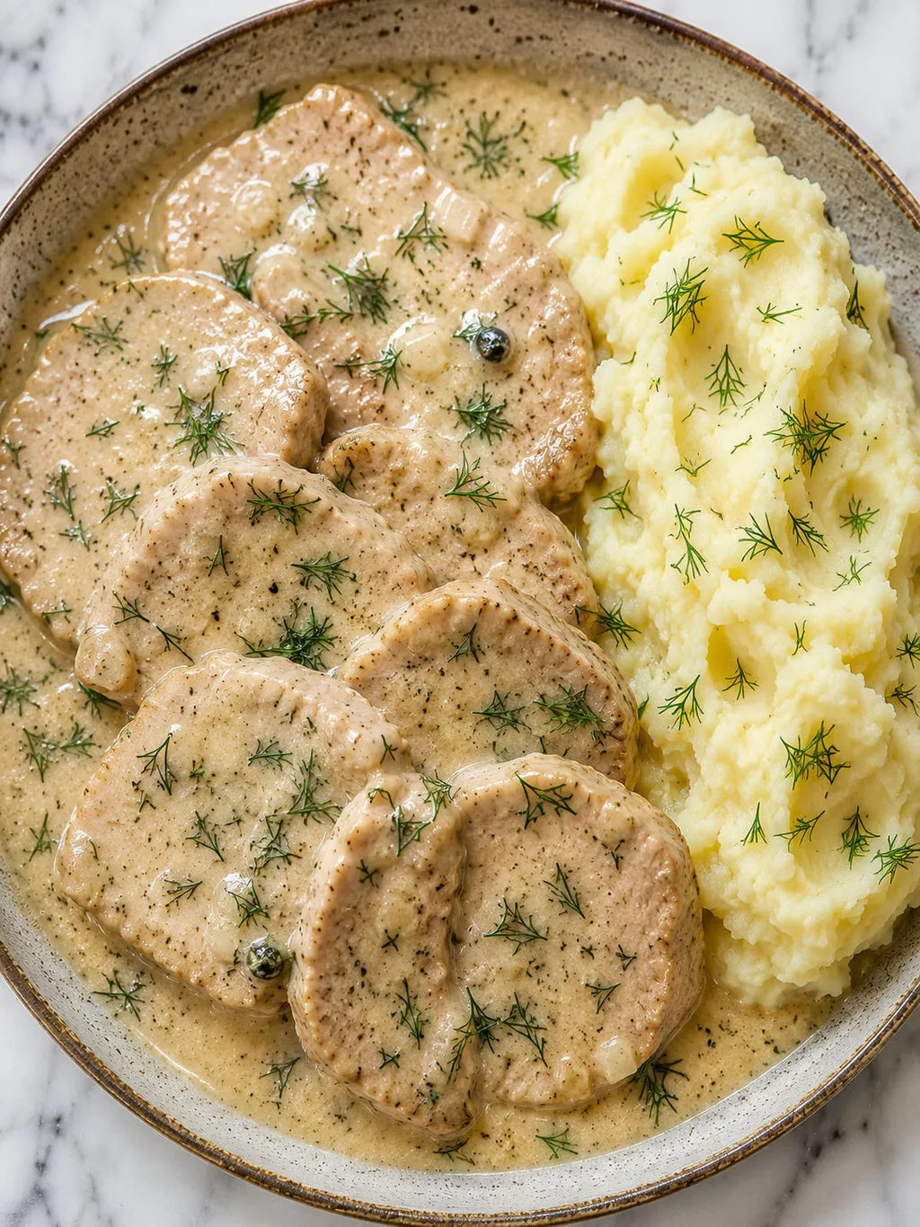 Top-down plate of braised pork loin in creamy dill sauce with potatoes
