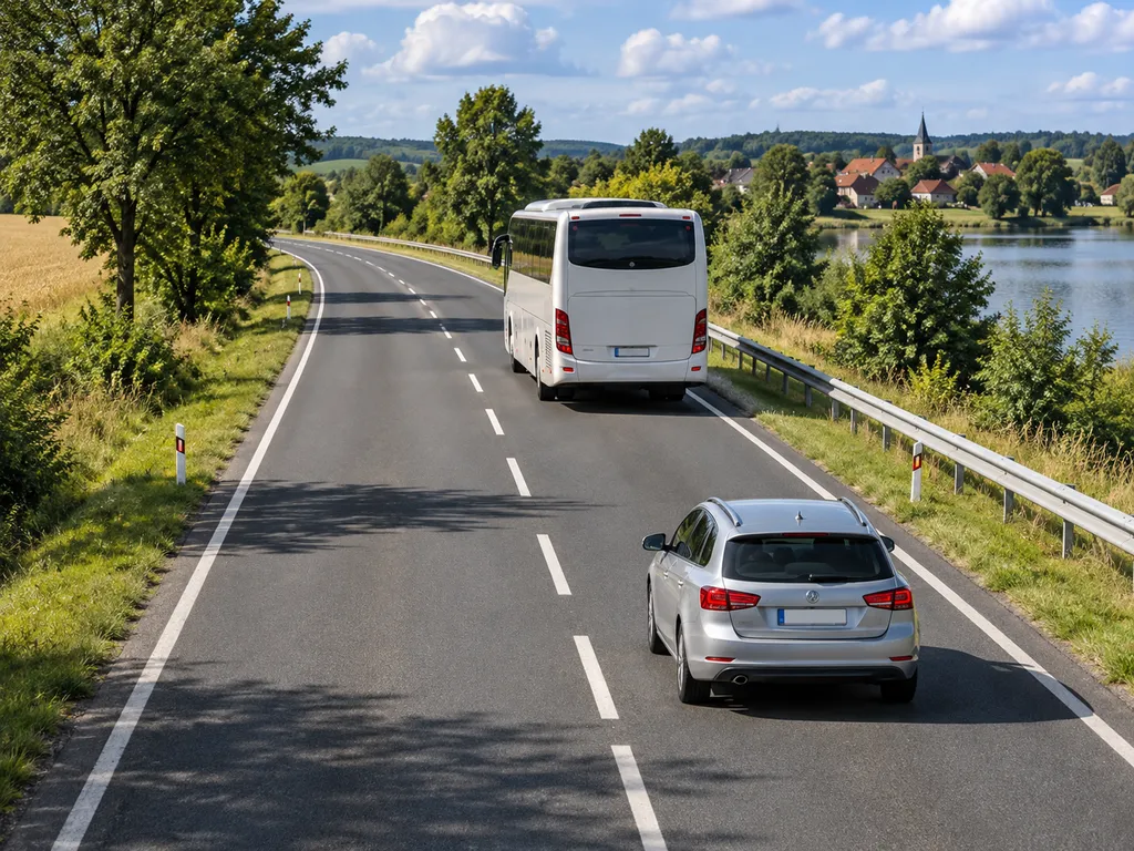 Ilustracja samochodu jadącego za autobusem z wyraźnym odstępem na swoim pasie.