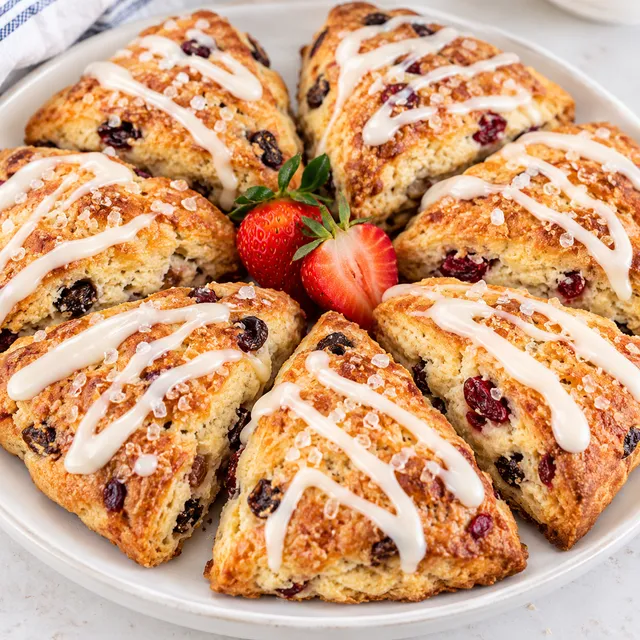Maślane scones z rodzynkami i żurawiną z lukrem cytrynowym