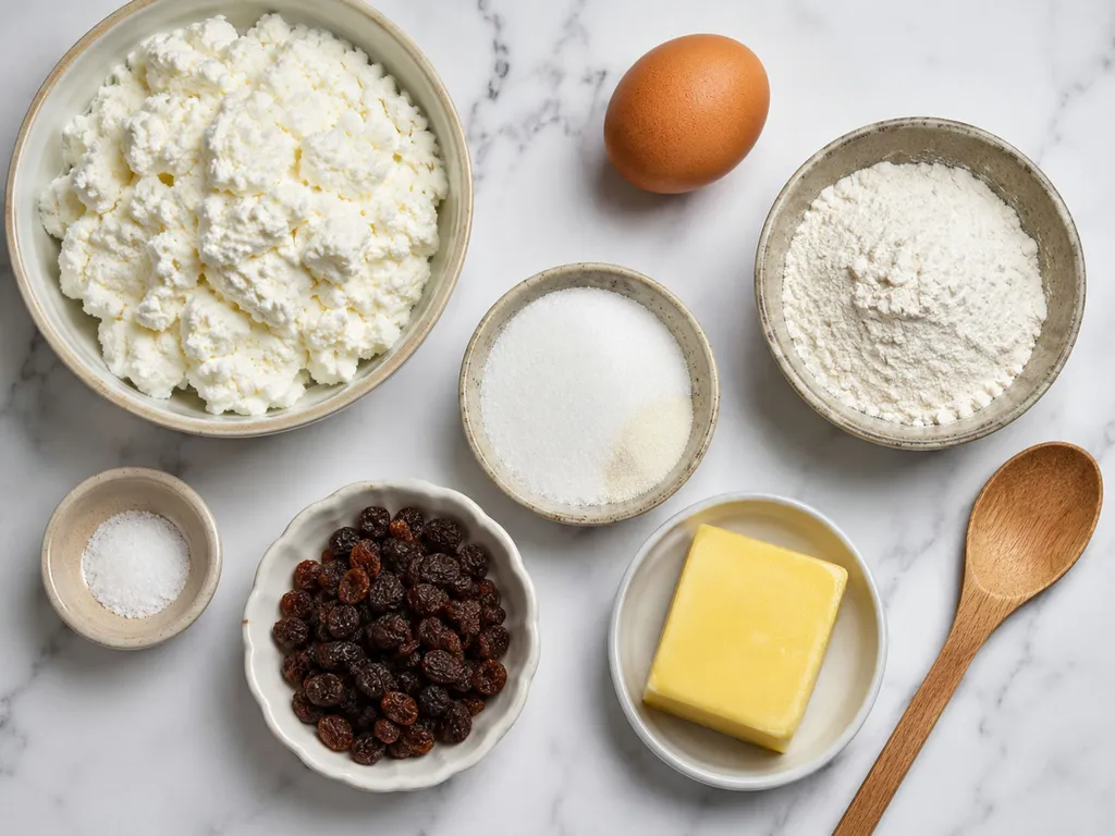 Raw ingredients for farmer's cheese pancakes including twarog, egg, flour and sugar