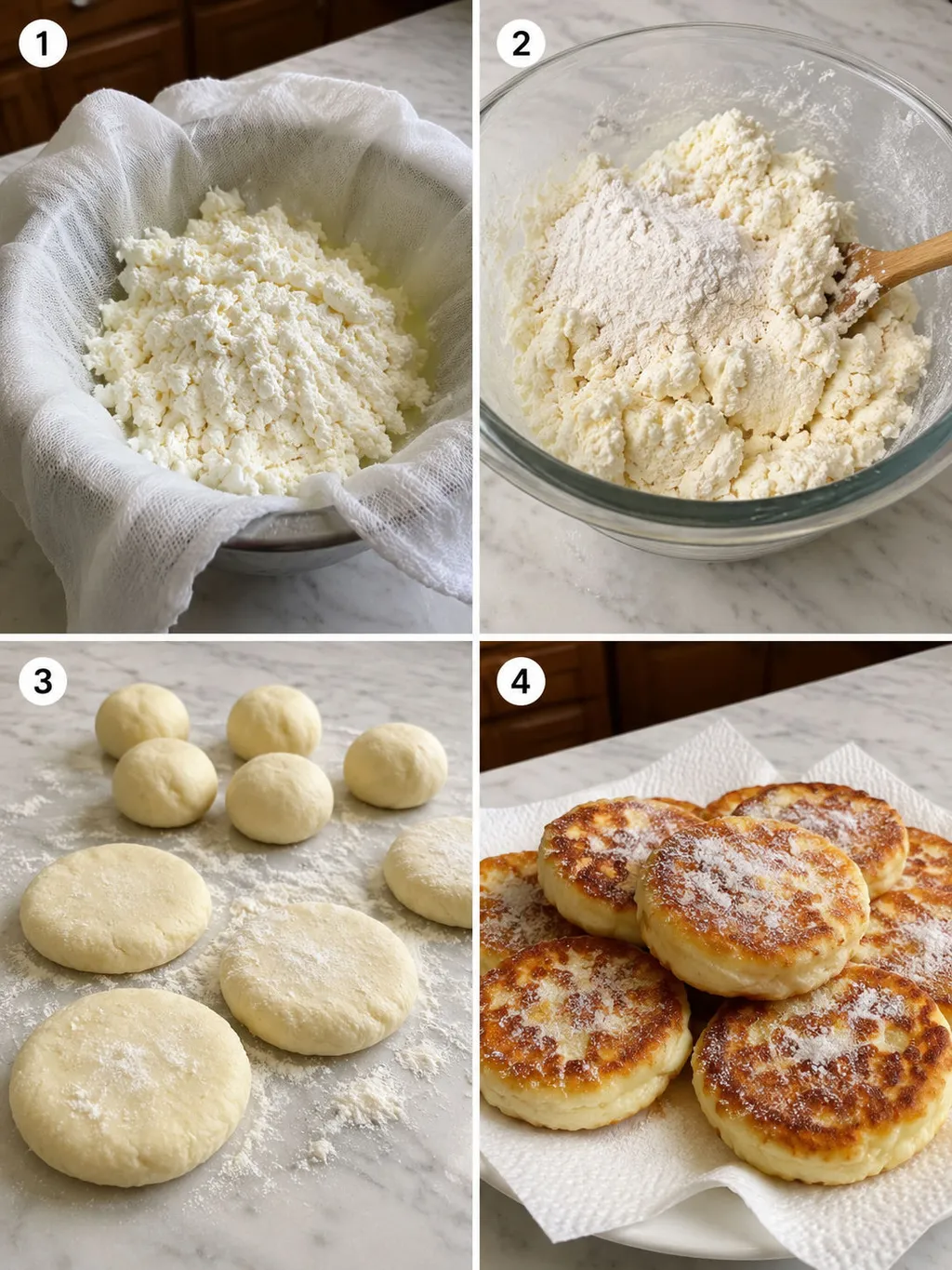 Four steps of making farmer's cheese pancakes from mixing to pan-frying