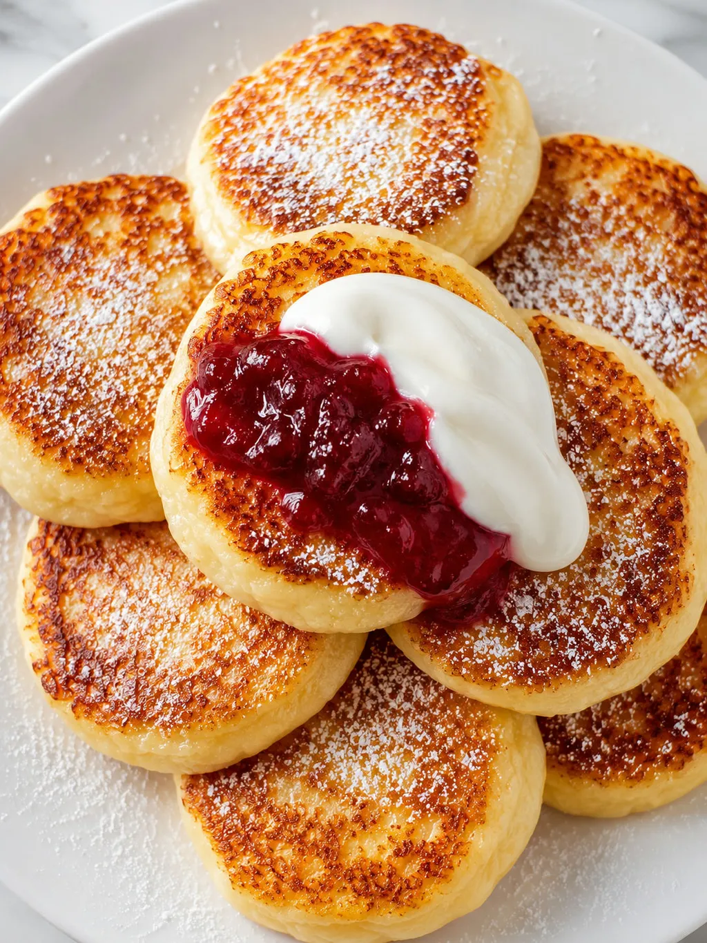 Golden farmer's cheese pancakes topped with jam and sour cream, dusted with sugar