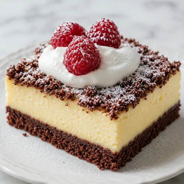 Slice of creamy no-bake semolina cheesecake topped with sour cream and raspberries