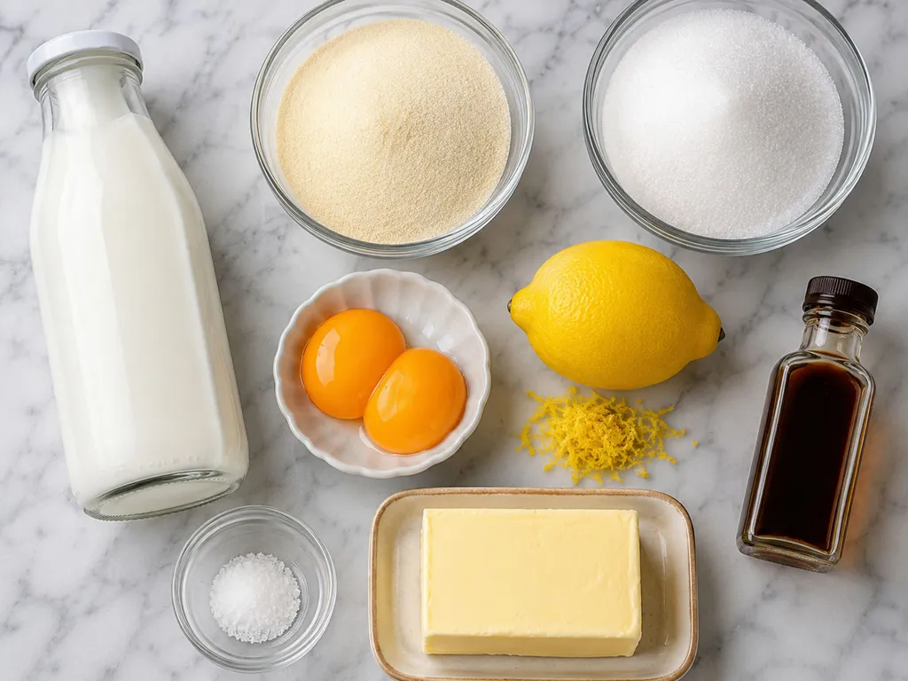 Milk, semolina, sugar, egg yolks, lemon, vanilla and butter for a no-bake cheesecake