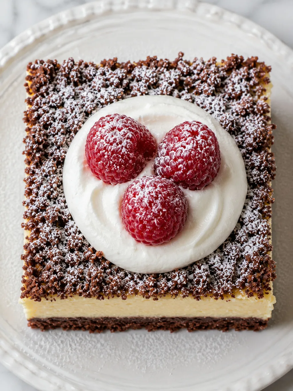 Top-down square slice of no-bake semolina cheesecake with sour cream and raspberries