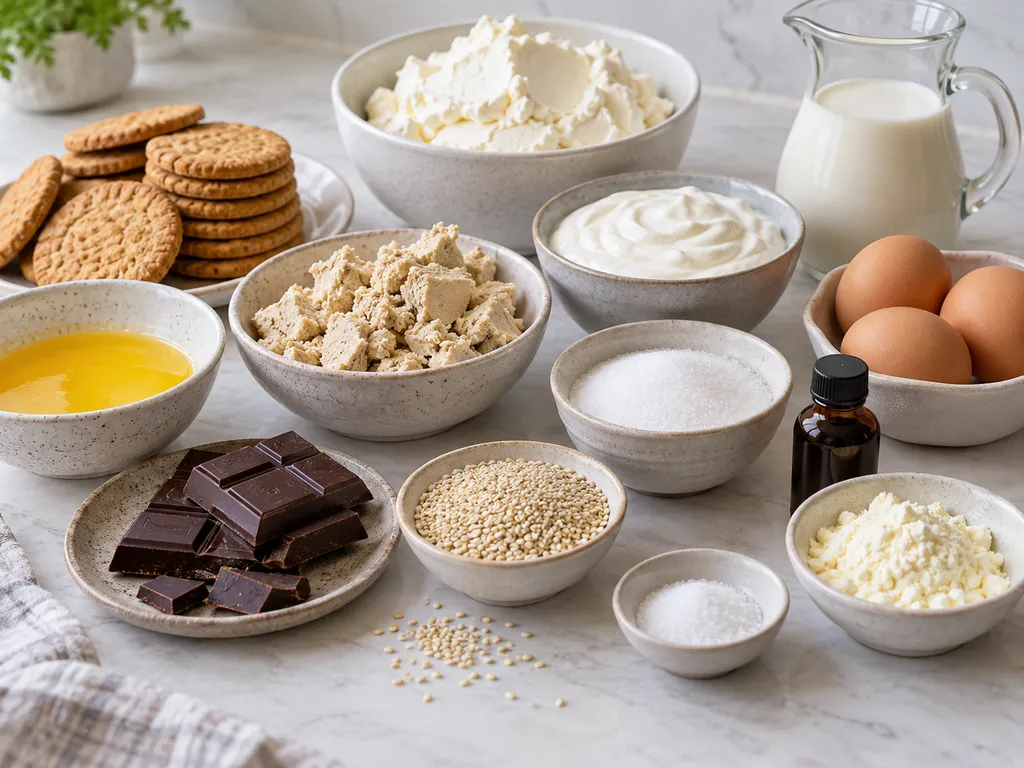 Składniki na sernik chałwowy z twarogiem, chałwą i czekoladą