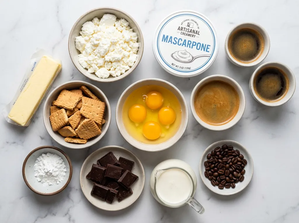 Składniki na sernik kawowy: twaróg, mascarpone, espresso i herbatniki