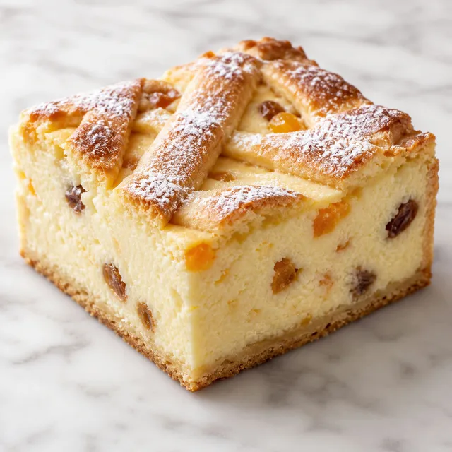 Slice of sernik krakowski cheesecake with lattice pastry top and raisins