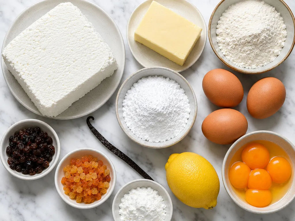 Raw ingredients for sernik krakowski including farmer's cheese, butter, eggs and raisins