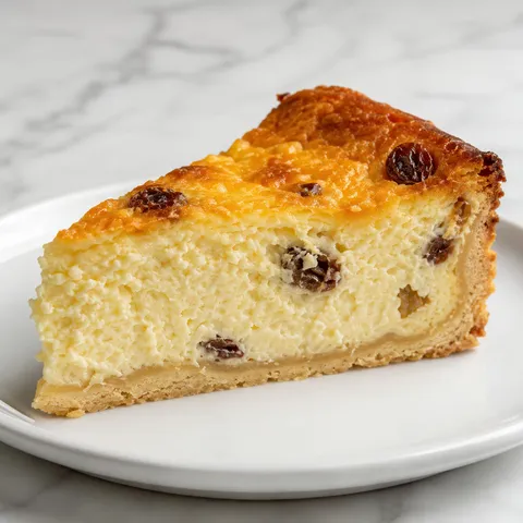 Slice of traditional Polish baked cheesecake with raisins on a shortcrust base