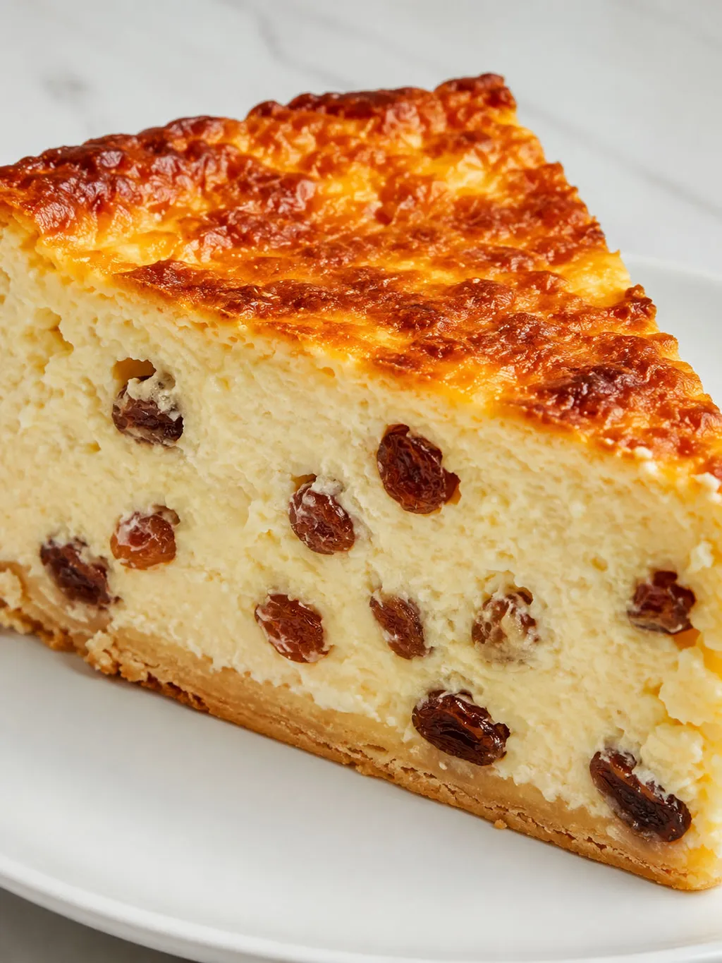 Close-up slice of Polish baked cheesecake with raisins on a golden shortcrust base