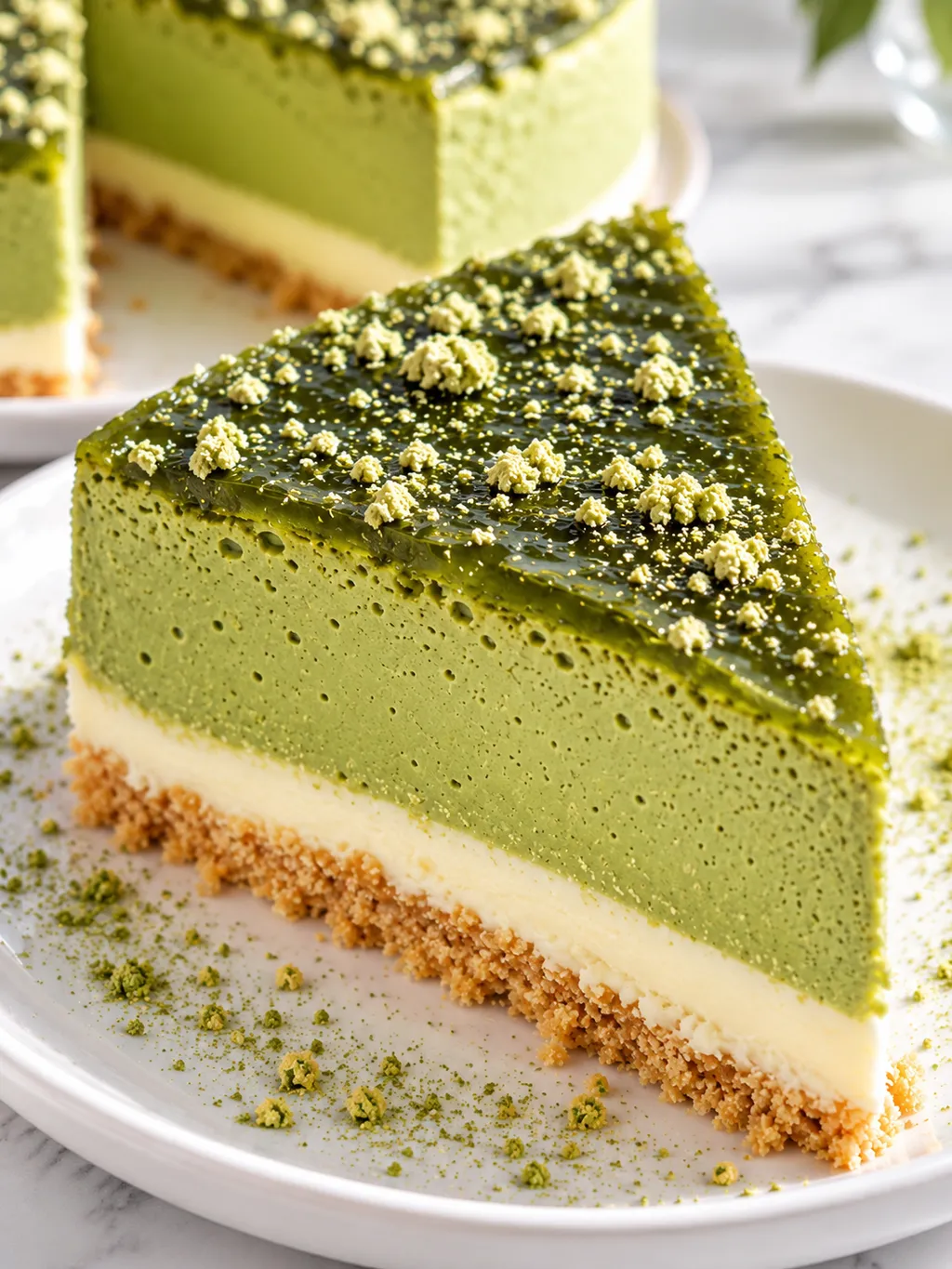 Kawałek sernika matcha na zimno z zieloną galaretką