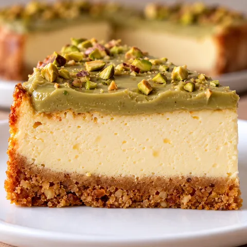 Pistachio skyr cheesecake slice with hazelnut crust and green pistachio cream topping