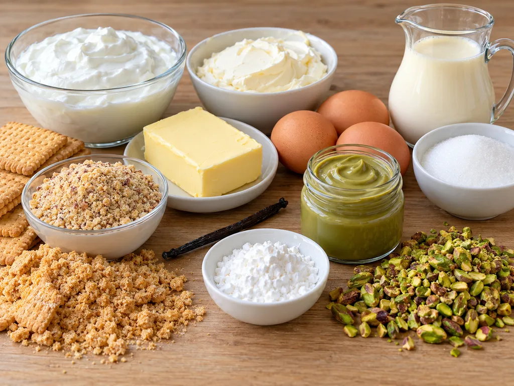 Raw ingredients for pistachio skyr cheesecake grouped on a wooden surface