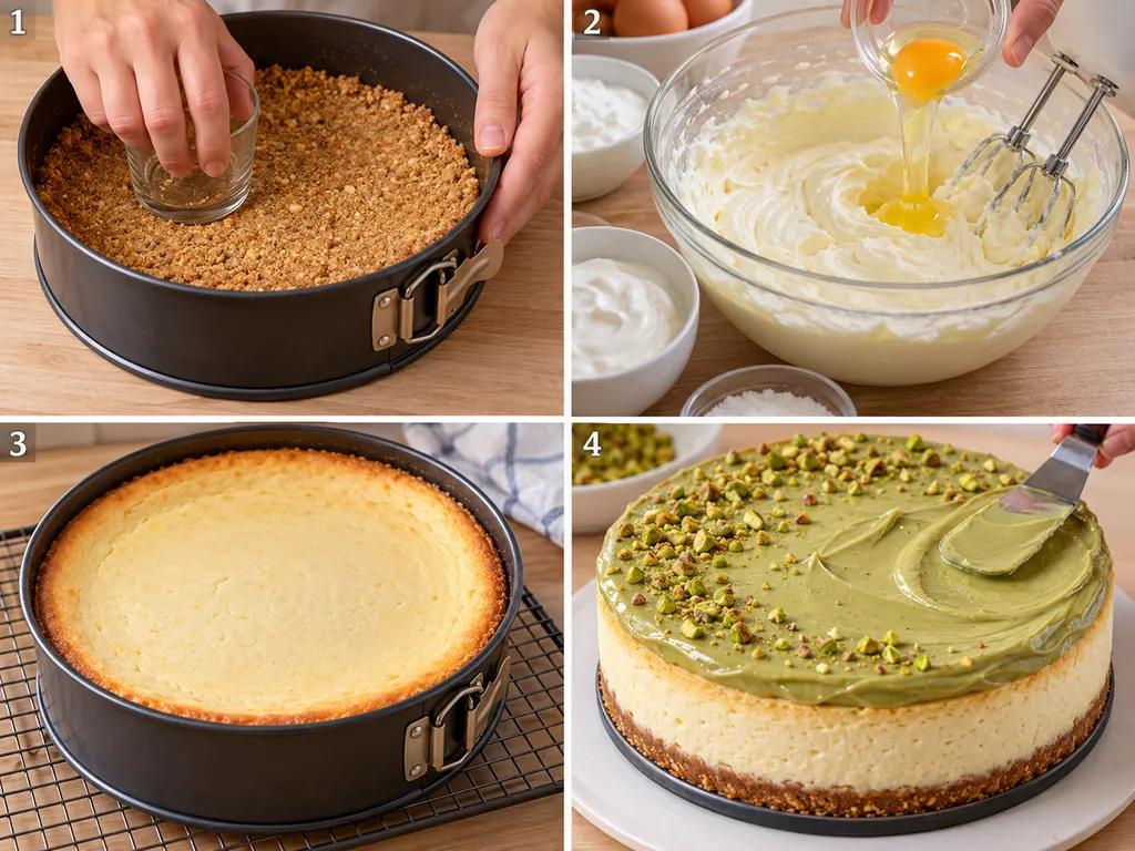 Four steps of making pistachio skyr cheesecake from crust to pistachio topping